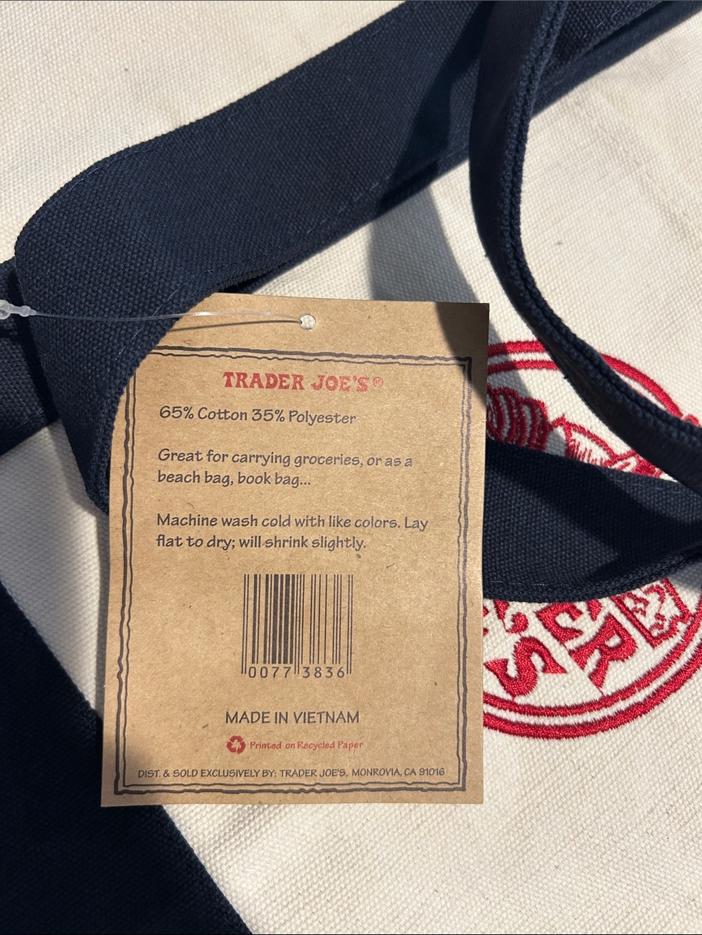 Trader Joe’s NWT large Canvas tote blue/cream - Picture 4 of 4